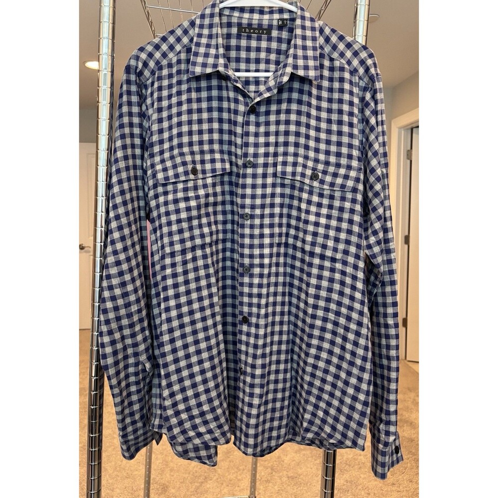 Theory Bariet Anawan Gingham Check Button-Up Shirt Size L Blue Gray Capsule